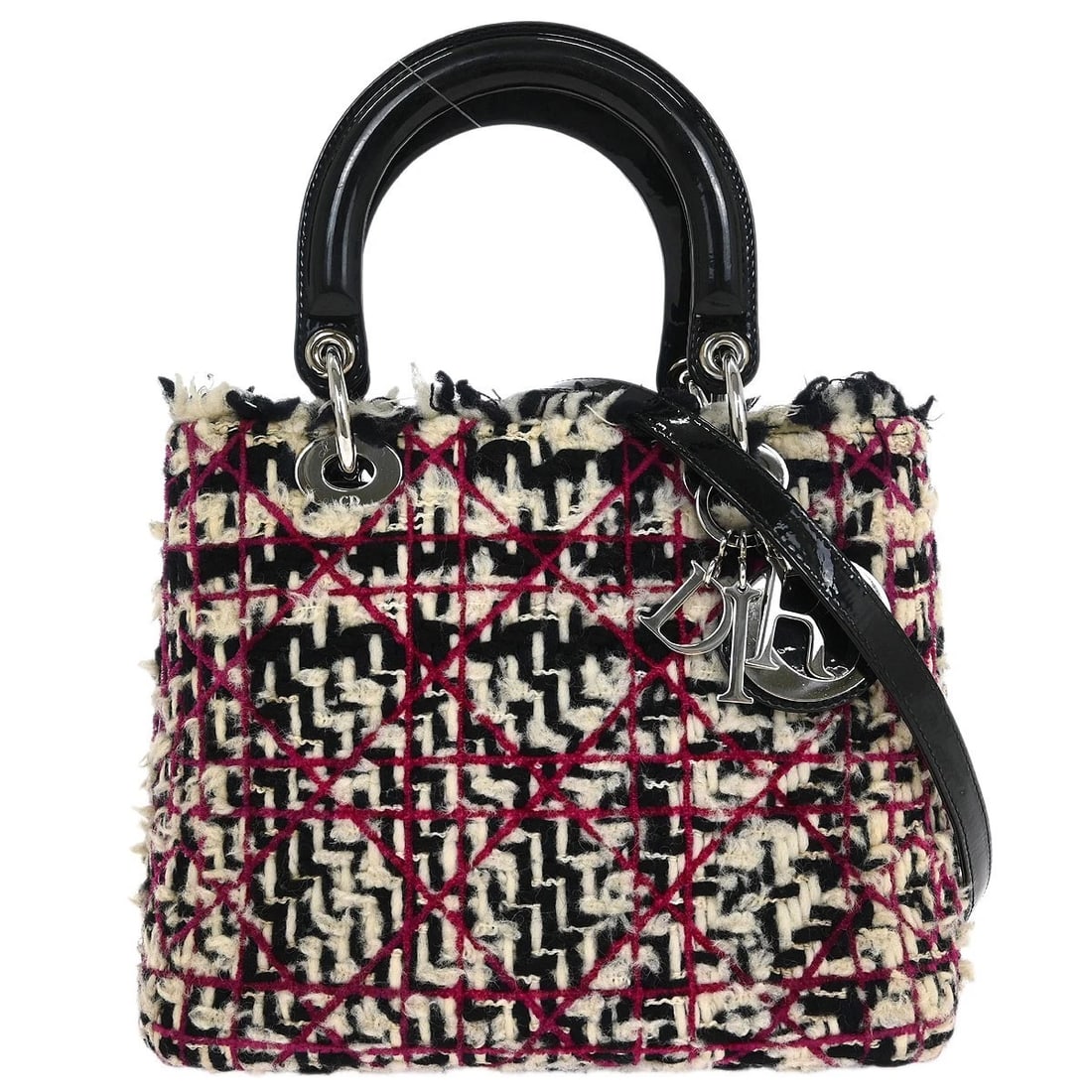 CHRISTIAN DIOR PURPLE TWEED LADY DIOR CANNAGE 2WAY HANDBAG: Christian Dior Purple Tweed Lady Dior Cannage 2way Handbag Brand: Dior Type/Style: hand bag Material: Tweed, Patent leather Color: Purple, Beige, Black Size: W 9.8 x H 8.3 x D 4.7 " Handle Drop. 3