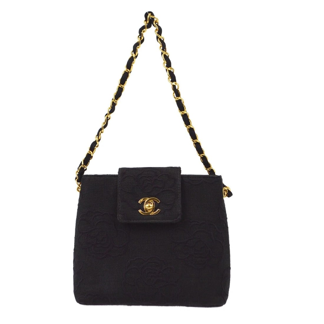 CHANEL BLACK CANVAS CAMELIA CHAIN HANDBAG (1 of 8)