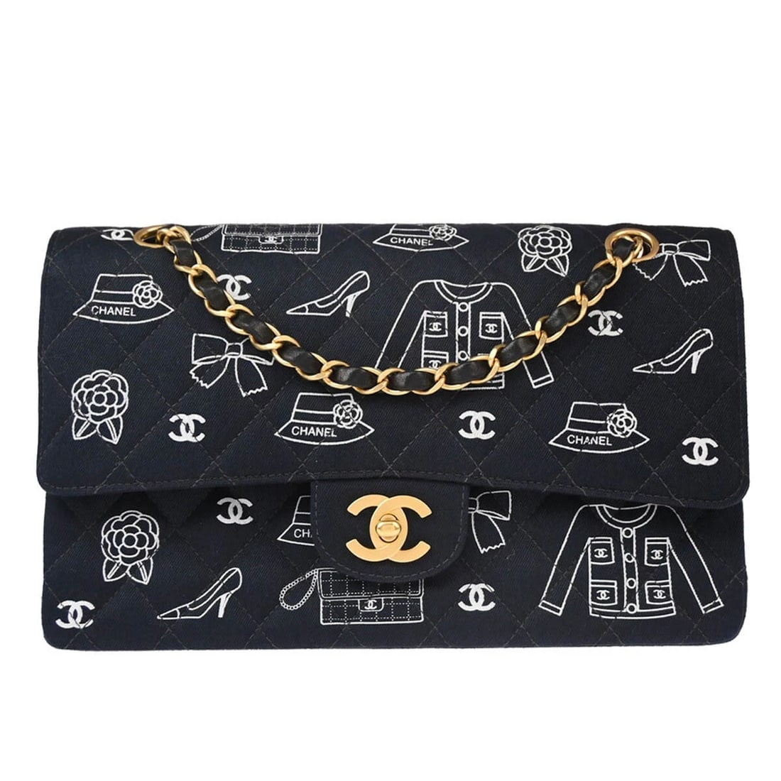 CHANEL NAVY CANVAS ICON MEDIUM CLASSIC DOUBLE FLAP SHOULDER BAG: Chanel Navy Canvas Icon Medium Classic Double Flap Shoulder Bag Brand: CHANEL Type/Style: shoulder bag Material: canvas Color: navy Size: W 9.8 x H 5.9 x D 2.8 " Accessories: None Accessor