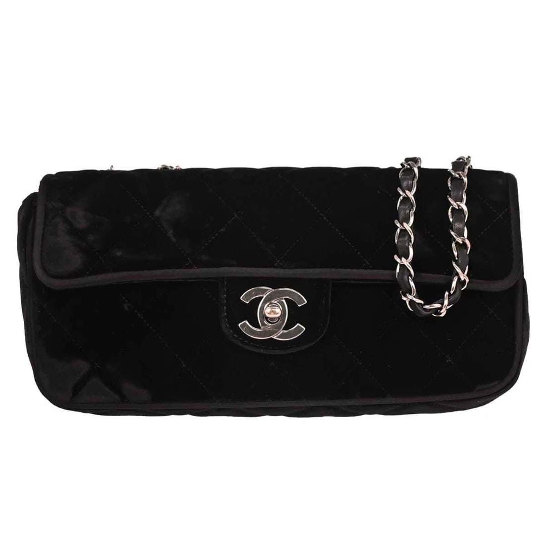 CHANEL BLACK VELVET EAST WEST SHOULDER BAG: Chanel Black Velvet East West Shoulder Bag Brand: CHANEL Type/Style: Shoulder Bag Material: velvet Color: black Size: W 9.8 x H 5.1 x D 2.0 " Accessories: None Accessories Notice: When pur