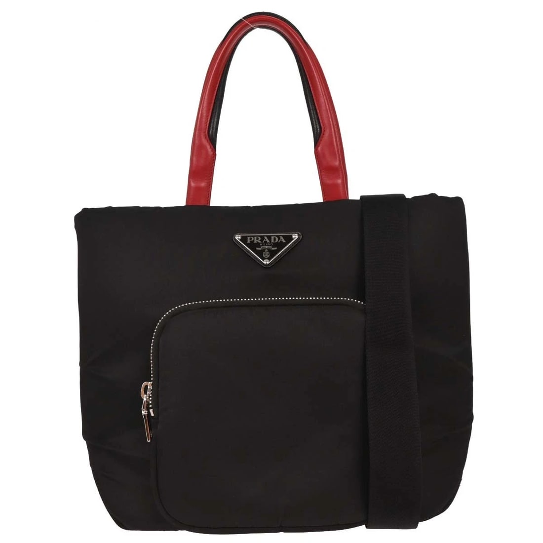 PRADA BLACK NYLON 2WAY HANDBAG: Prada Black Nylon 2way Handbag Brand: PRADA Type/Style: Top Handle Bag Material: nylon Color: black Size: W 13.0 x H 11.4 x D 5.1 Handle Drop. 6.7 " Accessories: None Accessories Notice: W