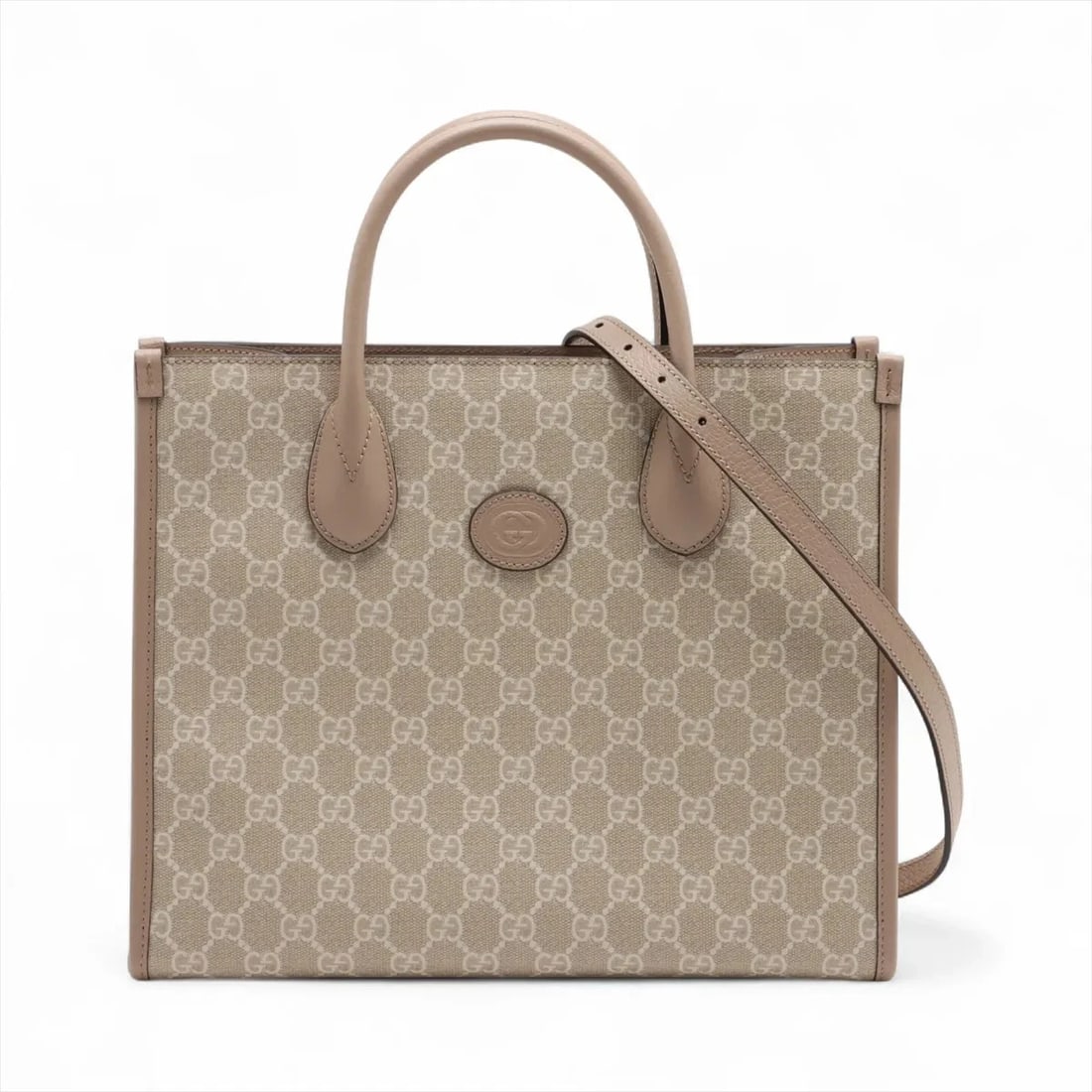 GUCCI GG SUPREME PVCX LEATHER 2 WAY HANDBAG: Gucci GG Supreme PVCx leather 2 Way Handbag Brand: Gucci Type: Hand bag Material: PVC Color: Beige Size: Height:9.8inch Length:12.2inch Depth:4.7inch Handle height:3.5inch Shoulder height:18.3inch