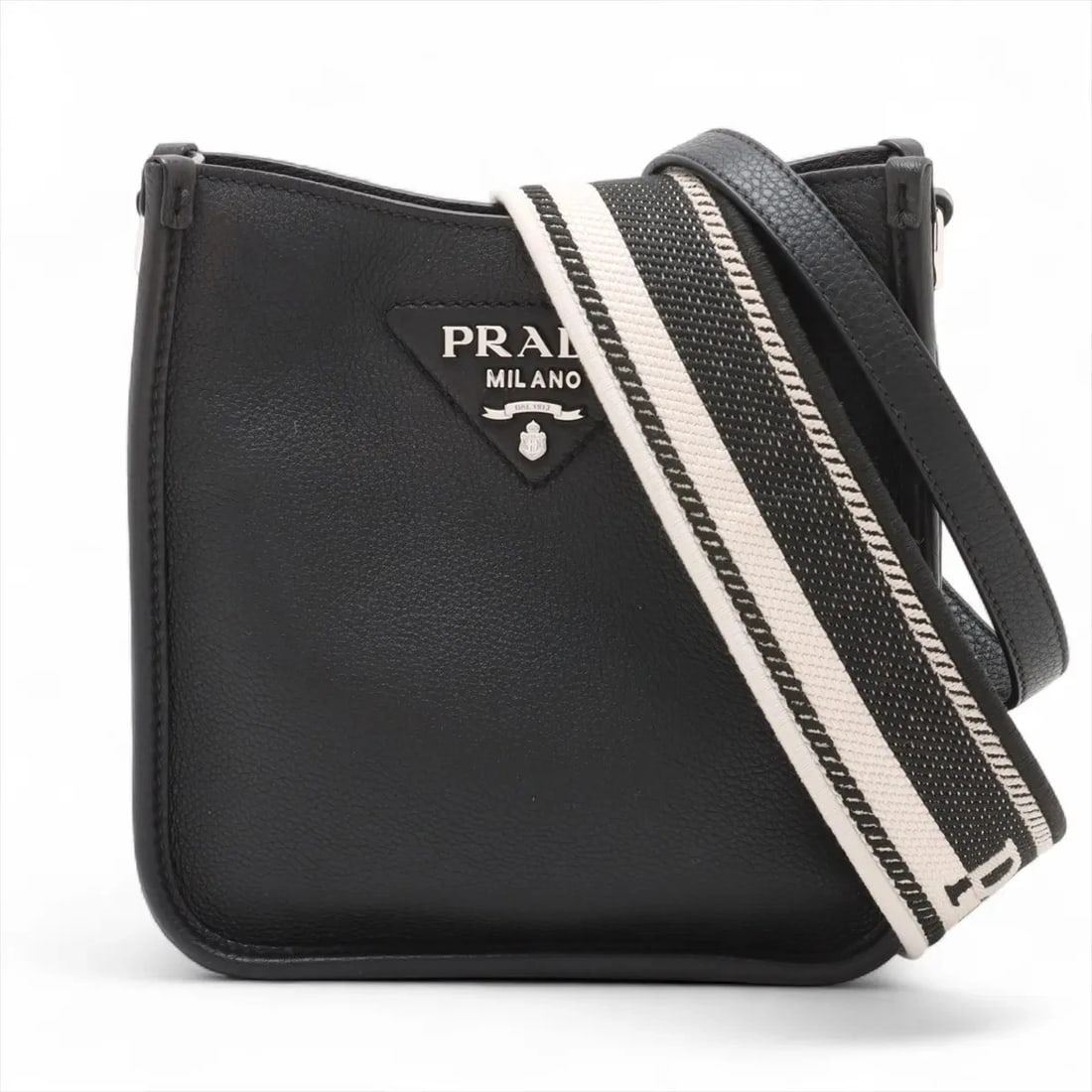PRADA VITELLO DAINO SOFT LEATHER 2 WAY SHOULDER BAG: Prada Vitello Daino soft Leather 2 Way Shoulder Bag Brand: Prada Type: Shoulder bag Material: Leather Color: Black Size: Height:7.5inch Length:7.5inch Depth:2.6inch Shoulder height:22.0inch Acces