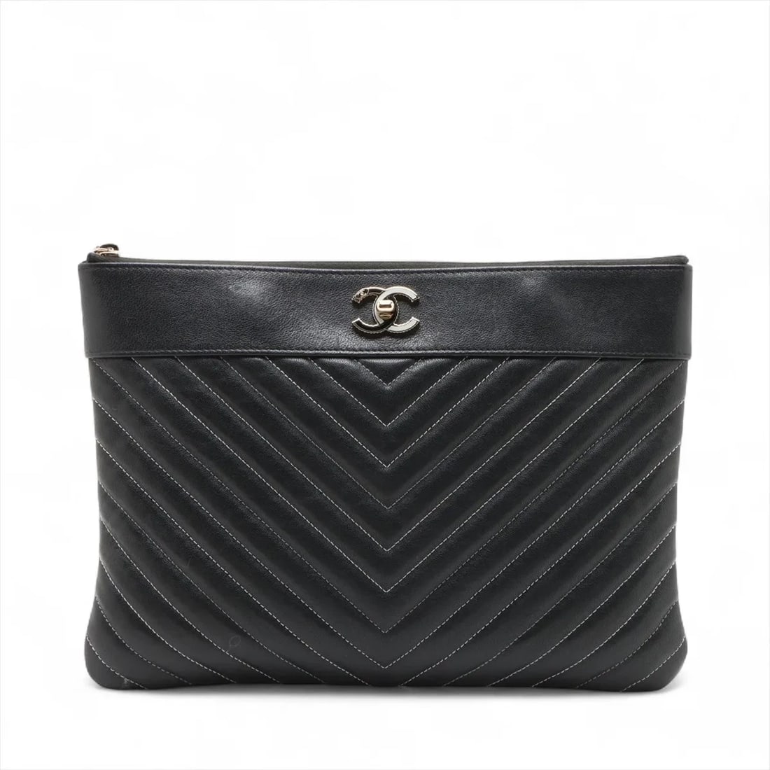 CHANEL V STITCH LEATHER CLUTCH BAG: Chanel V Stitch Leather Clutch bag Brand: Chanel Type: Clutch bag Material: Leather Color: Black Size: Height:7.7inchLength:10.8inch Accessories: None Accessories Notice: When purchasing p