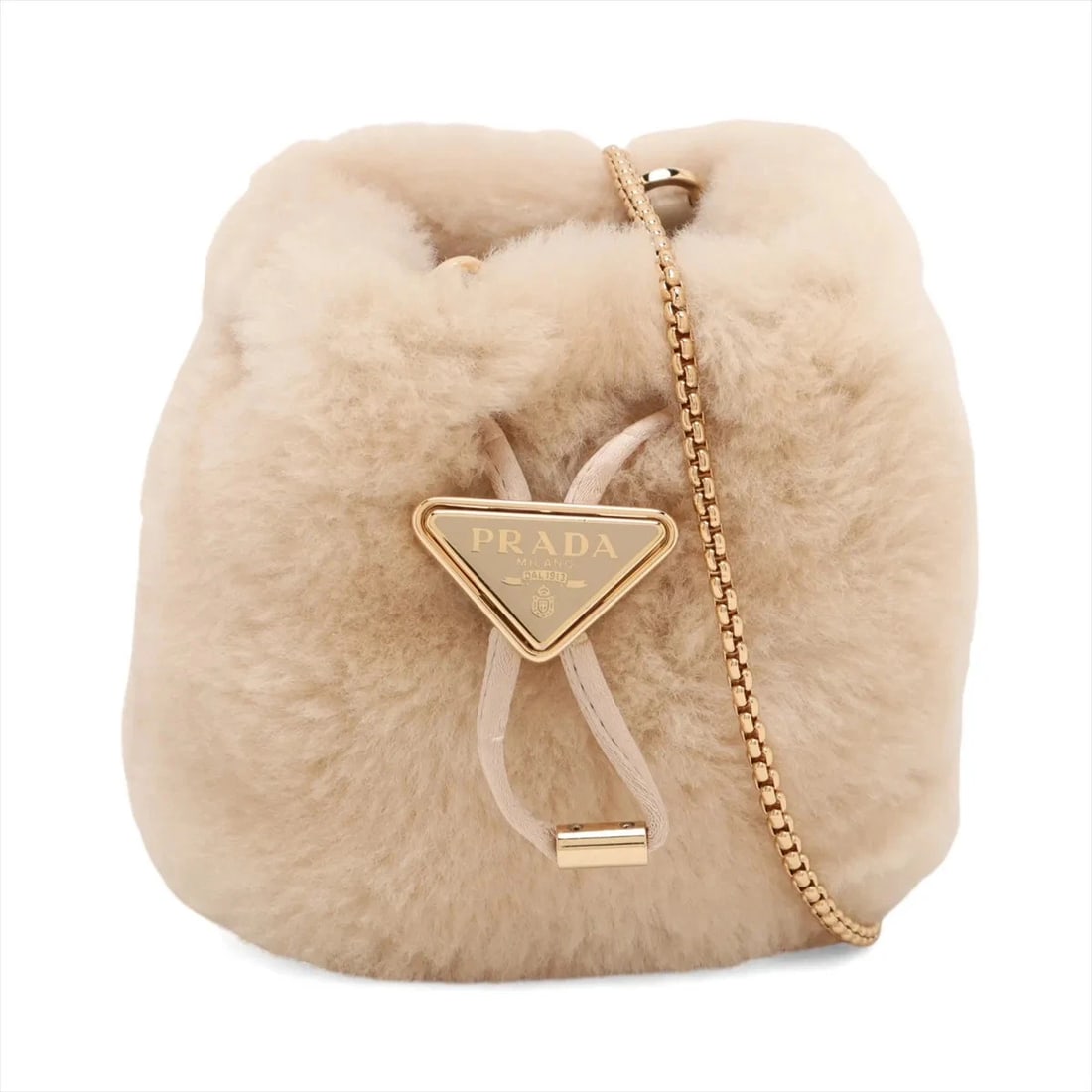 PRADA FUR CHAIN SHOULDER BAG: Prada Fur Chain Shoulder Bag Brand: Prada Type: Shoulder bag Material: Fur Color: Beige Size: Height:4.3inch Length:3.7inch Depth:2.6inch Shoulder height:21.9inch Accessories: None Accesso
