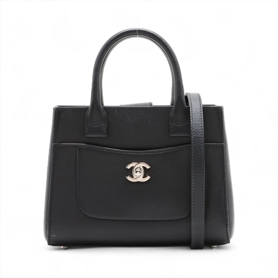 CHANEL NEO EXECUTIVE SMALL LEATHER 2 WAY HANDBAG: Chanel Neo Executive Small Leather 2 Way Handbag Brand: Chanel Type: Hand bag Material: Leather Color: Black Size: Height:6.5inch Length:8.7inch Depth:3.7inch Handle height:3.5inch Shoulder height