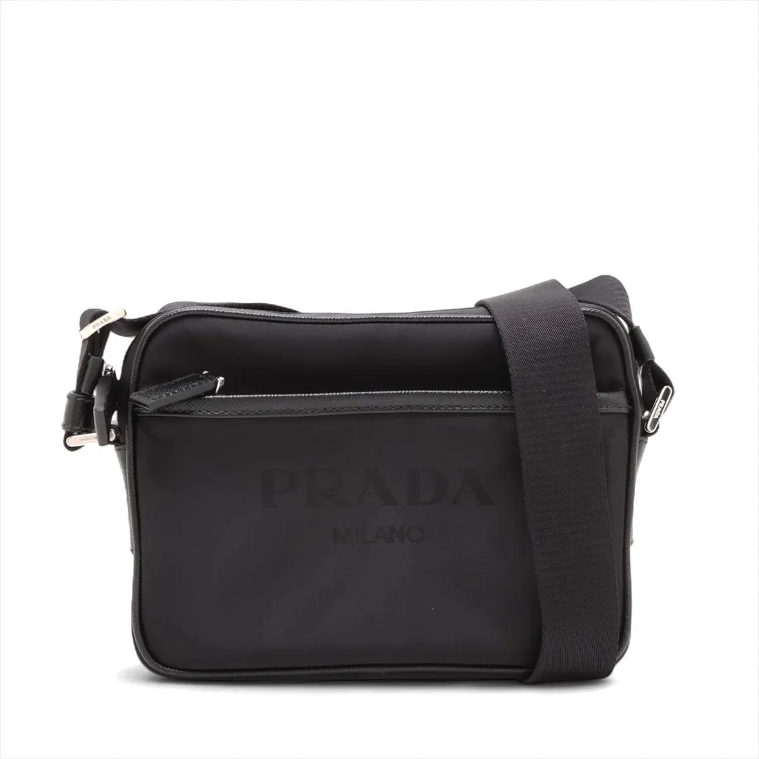PRADA TESSUTO NYLON X LEATHER SHOULDER BAG BLACK: Prada Tessuto nylon x leather Shoulder bag Black Brand: Prada Type: Shoulder bag Material: Nylon Color: Black Size: Height:5.9inch Length:7.9inch Depth:2.0inch Shoulder height:23.4inch Accessorie