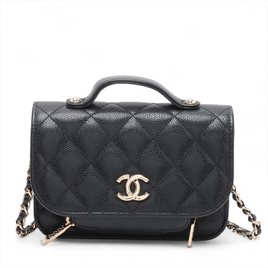 CHANEL AFFINITY MINI CAVIAR SKIN 2 WAY HANDBAG: Chanel affinity Mini Caviar Skin 2 Way Handbag Brand: Chanel Type: Hand bag Material: Caviar Skin Color: Black Size: Height:4.1inch Length:6.1inch Depth:1.8inch Handle height:0.6inch Accessories: