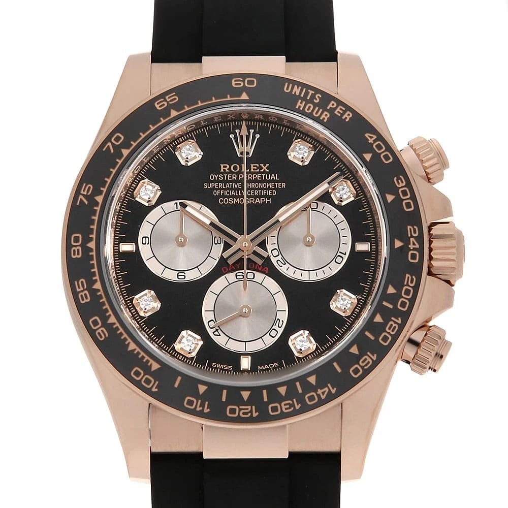ROLEX COSMOGRAPH DAYTONA 8P DIAMOND WRIST WATCH: ROLEX Cosmograph Daytona 8P diamond Wrist Watch Brand: ROLEX Type: Wrist watch Material: Band Material rubber, Case Material Everose Gold Color: Black Size: Case:W40mm Circumference of Wrist:18cm