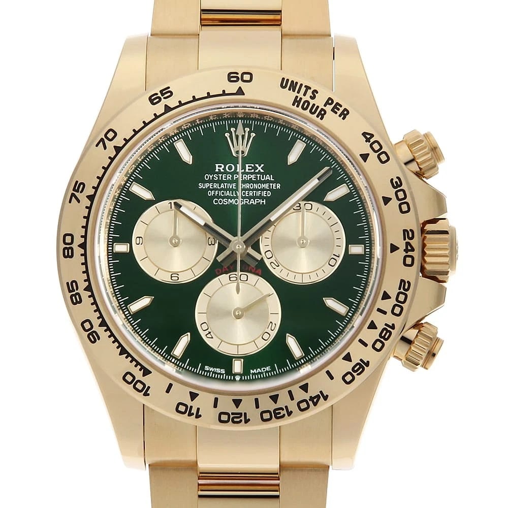 ROLEX COSMOGRAPH DAYTONA GREEN XGOLDEN WRIST WATCH: ROLEX Cosmograph Daytona green xGolden Wrist Watch Brand: ROLEX Type: Wrist watch Material: Band Material Yellow Gold, Case Material Yellow Gold Color: Green Size: Case:W40mm Circumference of Wris