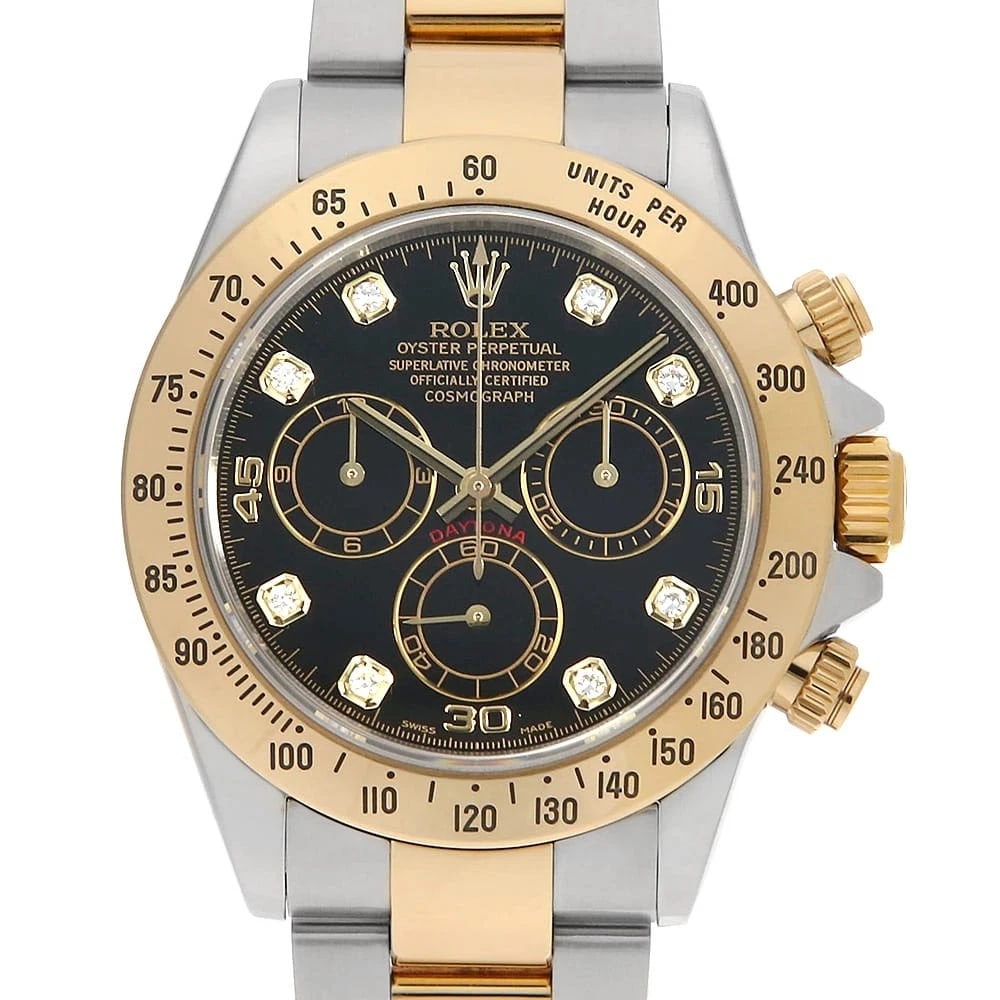 ROLEX COSMOGRAPH DAYTONA 8P DIAMOND WRIST WATCH: ROLEX Cosmograph Daytona 8P diamond Wrist Watch Brand: ROLEX Type: Wrist watch Material: Band Material Stainless Steel/Yellow Gold, Case Material Stainless Steel/Yellow Gold Color: Black Size: Cas