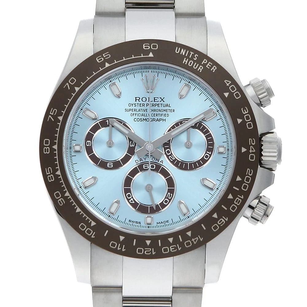 ROLEX COSMOGRAPH DAYTONA ICE BLUE WRIST WATCH: ROLEX Cosmograph Daytona Ice blue Wrist Watch Brand: ROLEX Type: Wrist watch Material: Band Material Platinum, Case Material Platinum Color: Ice Blue Size: Case:W40mm Circumference of Wrist:19.5cm