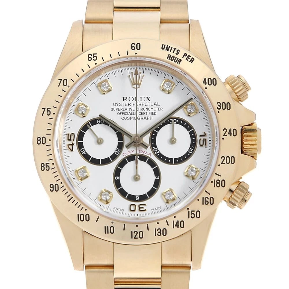 ROLEX COSMOGRAPH DAYTONA 8P DIAMOND WRIST WATCH: ROLEX Cosmograph Daytona 8P diamond Wrist Watch Brand: ROLEX Type: Wrist watch Material: Band Material Yellow Gold, Case Material Yellow Gold Color: White Size: Case:W40mm Circumference of Wrist:1