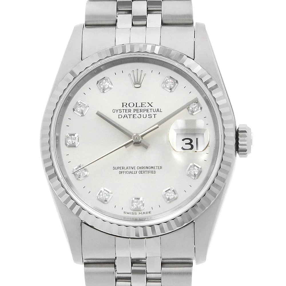 ROLEX DATEJUST 10P DIAMOND SILVER WRIST WATCH: ROLEX Datejust 10P Diamond Silver Wrist Watch Brand: ROLEX Type: Wrist watch Material: Band Material Stainless Steel, Case Material Stainless Steel/White gold Color: Silver Size: Case:W36mm Circum