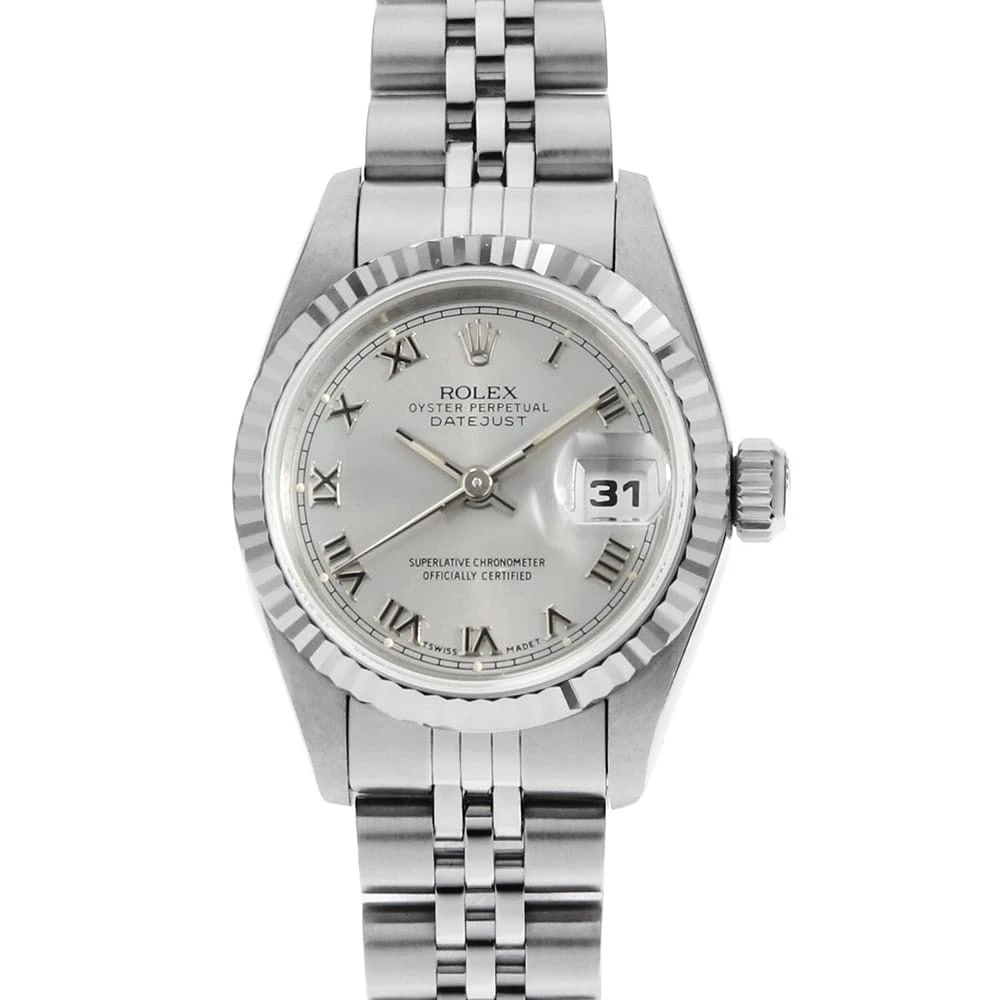 ROLEX DATEJUST GRAY ROME WRIST WATCH: ROLEX Datejust gray Rome Wrist Watch Brand: ROLEX Type: Wrist watch Material: Band Material Stainless Steel, Case Material Stainless Steel Color: Gray Size: Case:W26mm Circumference of Wrist:16.5c