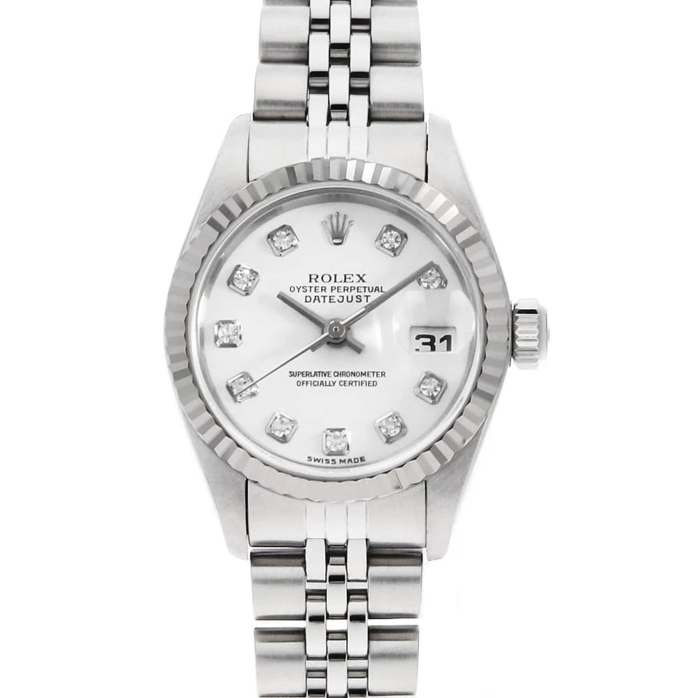 ROLEX DATEJUST 10P DIAMOND WHITE WRIST WATCH: ROLEX Datejust 10P Diamond white Wrist Watch Brand: ROLEX Type: Wrist watch Material: Band Material Stainless Steel, Case Material Stainless Steel Color: White Size: Case:W26mm Circumference of Wr