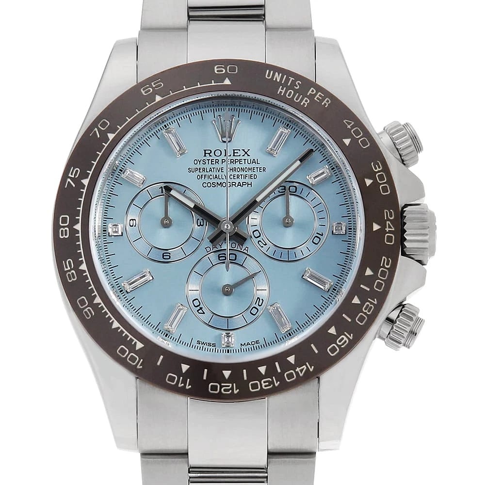 ROLEX COSMOGRAPH DAYTONA 8P BAGUETTE DIAMONDS WRIST WATCH: ROLEX Cosmograph Daytona 8P Baguette Diamonds Wrist Watch Brand: ROLEX Type: Wrist watch Material: Band Material Platinum, Case Material Platinum Color: Ice Blue Size: Case:W40mm Circumference