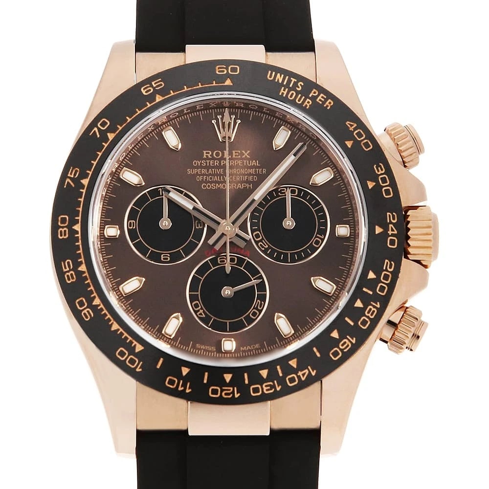 ROLEX COSMOGRAPH DAYTONA CHOCOLATE BROWN WRIST WATCH: ROLEX Cosmograph Daytona Chocolate brown Wrist Watch Brand: ROLEX Type: Wrist watch Material: Band Material rubber, Case Material Everose Gold Color: Chocolate Brown Size: Case:W40mm