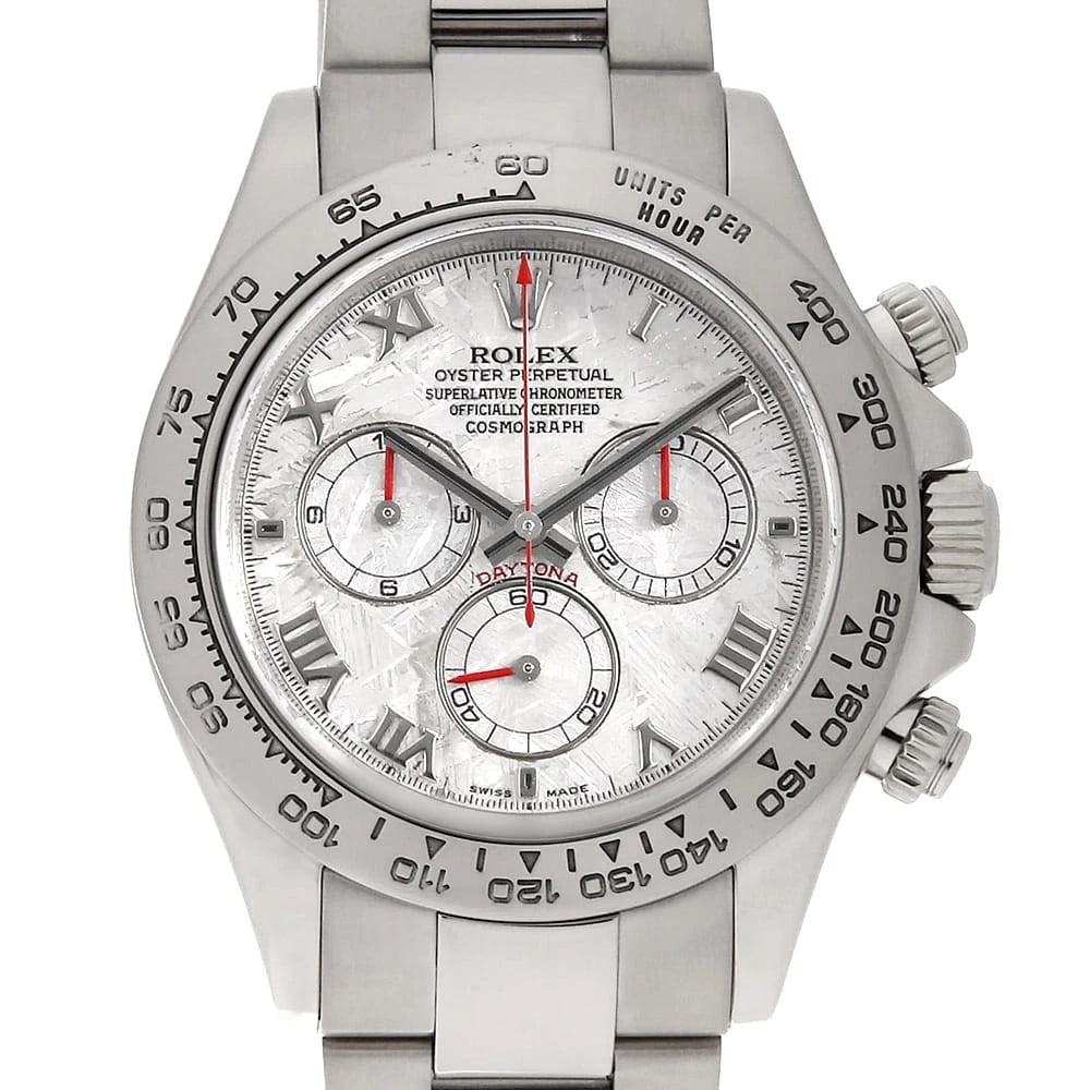 ROLEX COSMOGRAPH DAYTONA METEOLITE WRIST WATCH: ROLEX Cosmograph Daytona Meteolite Wrist Watch Brand: ROLEX Type: Wrist watch Material: Band Material White Gold, Case Material White Gold Color: Meteorite Size: Case:W40mm Circumference of Wrist: