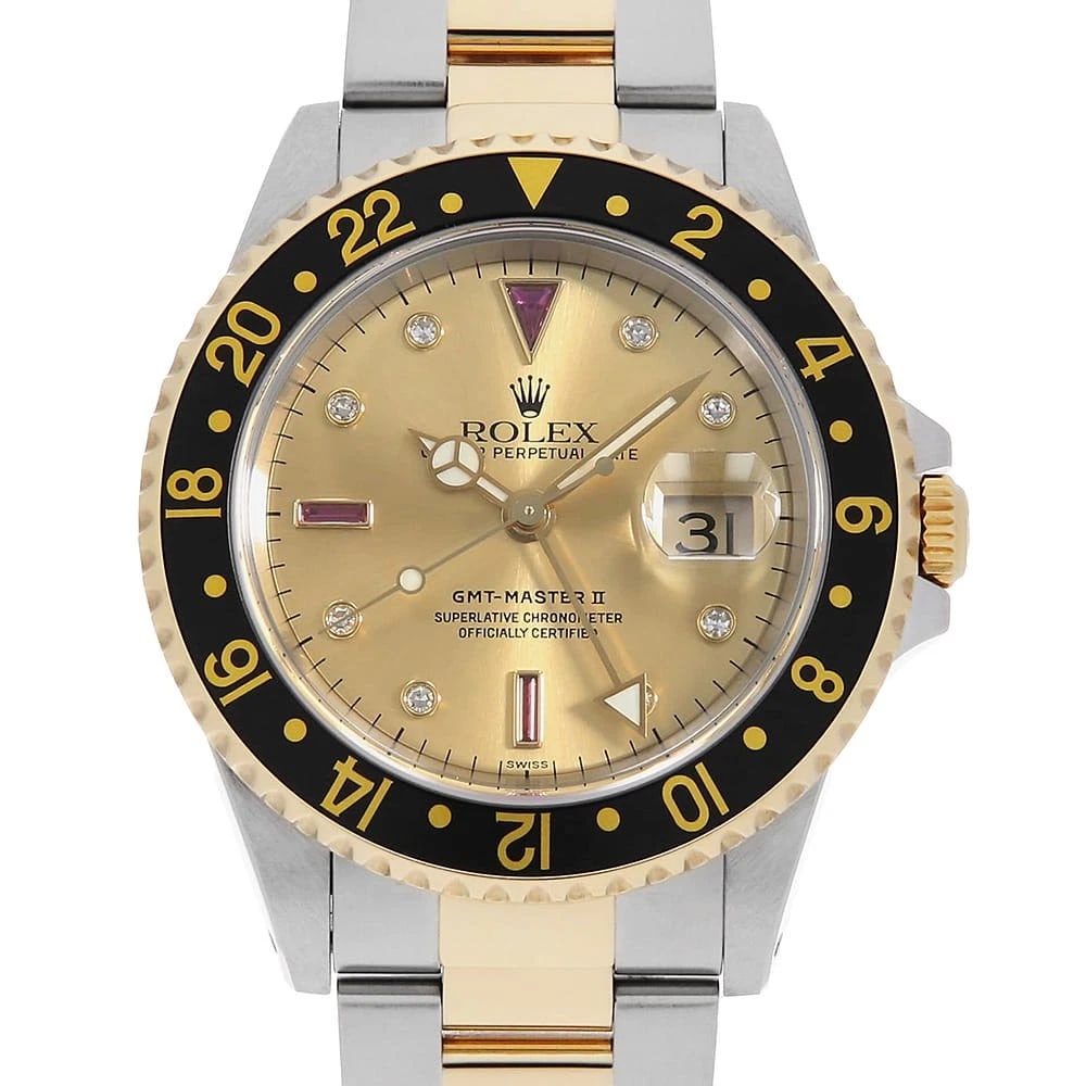 ROLEX GMT MASTER II 8P DIAMOND 3P RUBY CHAMPAGNE WRIST WATCH: ROLEX GMT Master II 8P Diamond 3P Ruby Champagne Wrist Watch Brand: ROLEX Type: Wrist watch Material: Band Material Stainless Steel/Yellow Gold, Case Material Stainless Steel/Yellow Gold Color: Cha