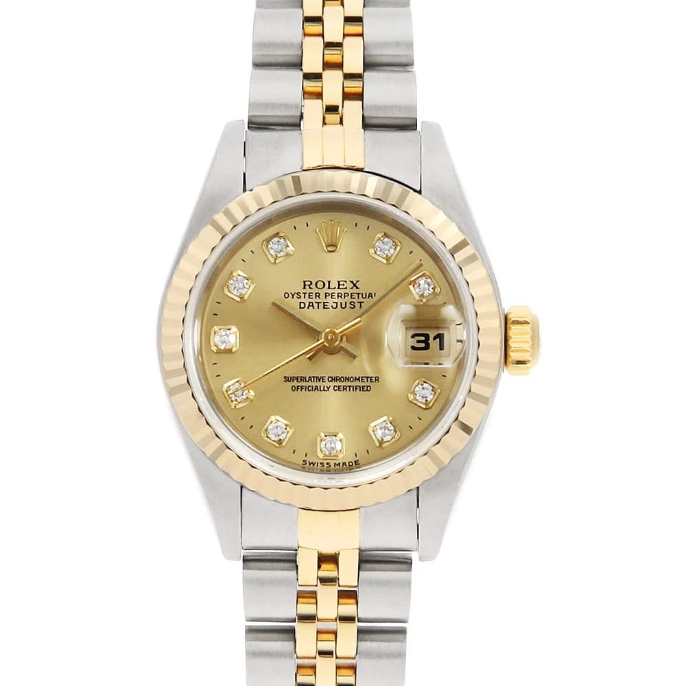 ROLEX DATEJUST 10P DIAMOND CHAMPAGNE WRIST WATCH: ROLEX Datejust 10P Diamond Champagne Wrist Watch Brand: ROLEX Type: Wrist watch Material: Band Material Stainless Steel/Yellow Gold, Case Material Stainless Steel/Yellow Gold Color: Champagne Gold