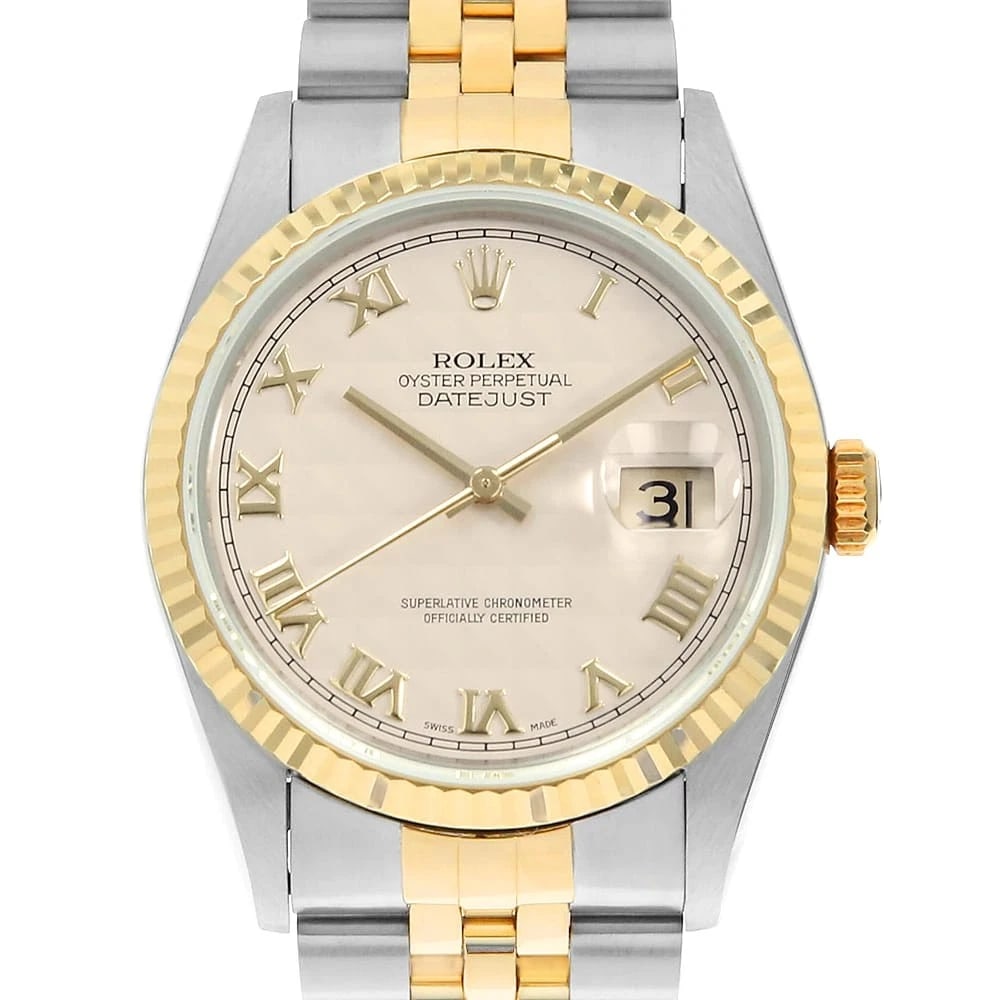 ROLEX DATEJUST CREAM PYRAMID ROME WRIST WATCH: ROLEX Datejust cream pyramid rome Wrist Watch Brand: ROLEX Type: Wrist watch Material: Band Material Stainless Steel/Yellow Gold, Case Material Stainless Steel/Yellow Gold Color: Ivory Size: Case: