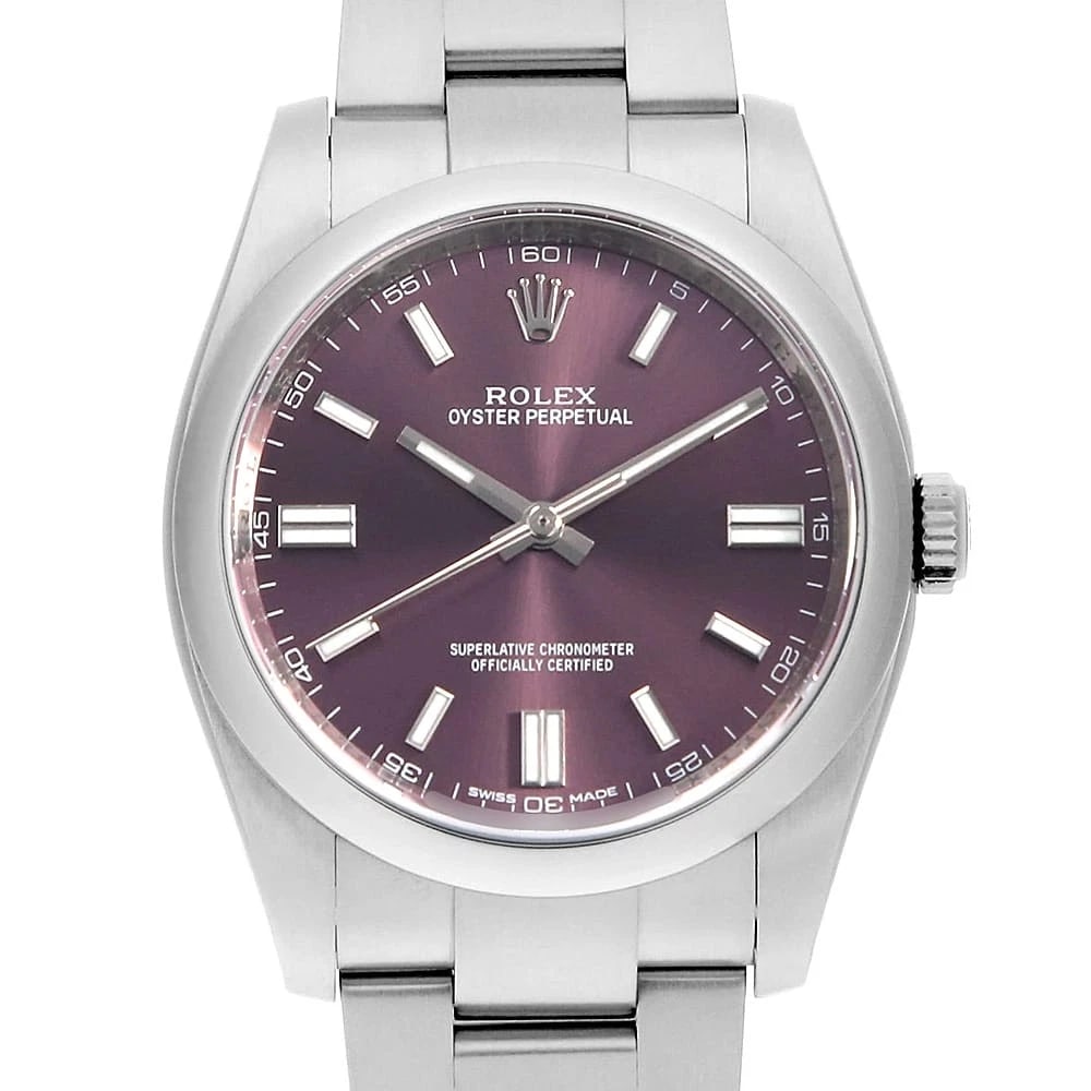 ROLEX OYSTER PERPETUAL RED GRAPE WRIST WATCH: ROLEX Oyster perpetual Red grape Wrist Watch Brand: ROLEX Type: Wrist watch Material: Band Material Stainless Steel, Case Material Stainless Steel Color: Red grape Size: Case:W36mm Circumference o