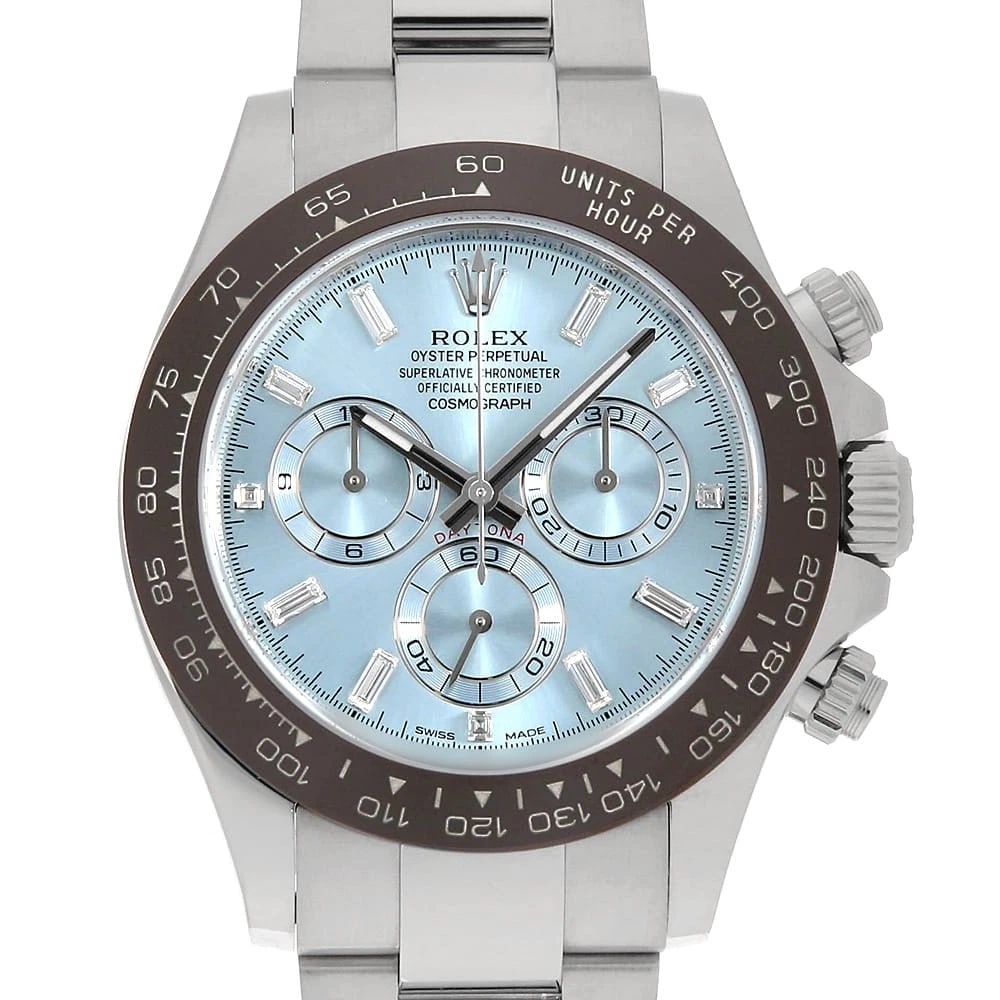 ROLEX COSMOGRAPH DAYTONA 8P BAGUETTE DIAMONDS WRIST WATCH: ROLEX Cosmograph Daytona 8P Baguette Diamonds Wrist Watch Brand: ROLEX Type: Wrist watch Material: Band Material Platinum, Case Material Platinum Color: Ice Blue Size: Case:W40mm Circumference of