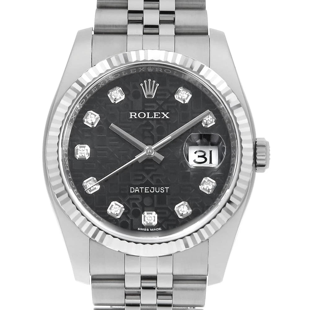 ROLEX DATEJUST 10P DIAMOND BLACK CARVING WRIST WATCH: ROLEX Datejust 10P Diamond black Carving Wrist Watch Brand: ROLEX Type: Wrist watch Material: Band Material Stainless Steel, Case Material Stainless Steel/White gold Color: Black Size: Case:W36mm