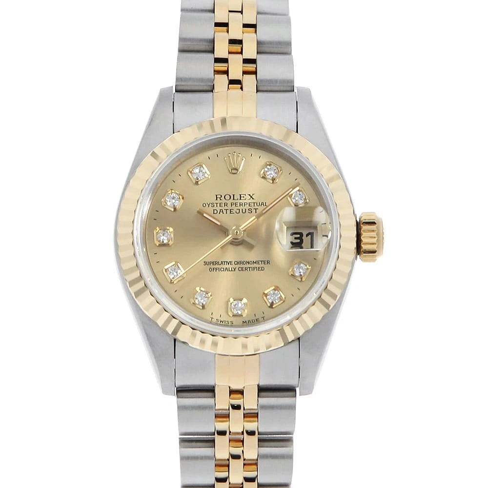 ROLEX DATEJUST 10P DIAMOND CHAMPAGNE WRIST WATCH: ROLEX Datejust 10P Diamond Champagne Wrist Watch Brand: ROLEX Type: Wrist watch Material: Band Material Stainless Steel/Yellow Gold, Case Material Stainless Steel/Yellow Gold Color: Champagne Gold