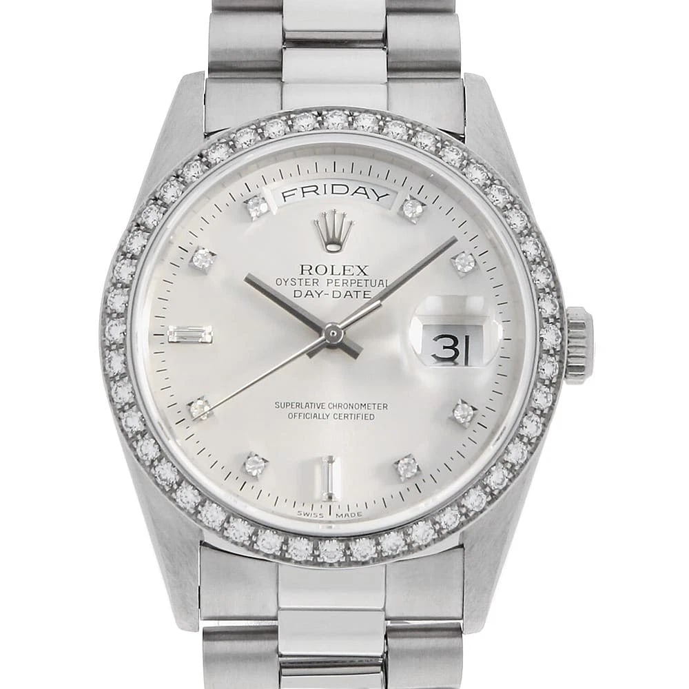 ROLEX DAY DATE BEZEL DIAMOND SILVER WRIST WATCH (1 of 4)