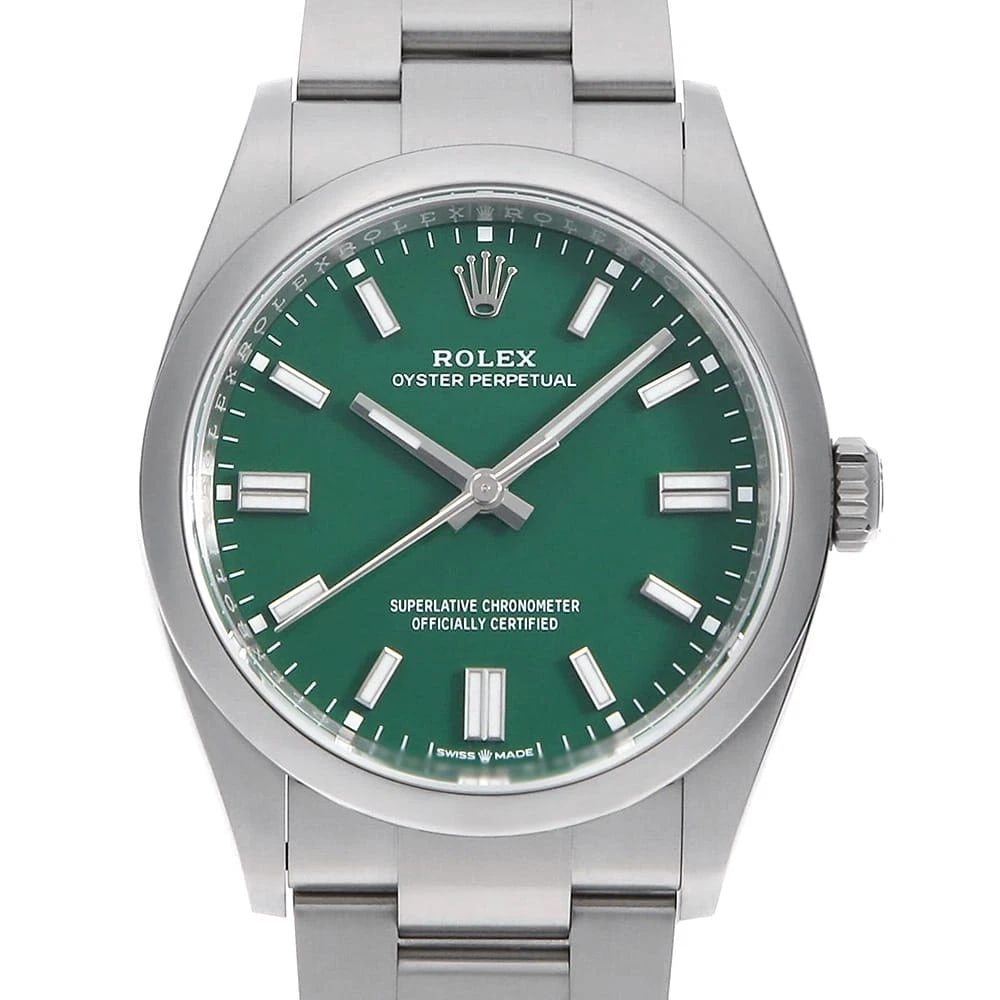 ROLEX OYSTER PERPETUAL 36 GREEN SECOND HAND WRIST WATCH: ROLEX Oyster Perpetual 36 green second hand Wrist Watch Brand: ROLEX Type: Wrist watch Material: Band Material Stainless Steel, Case Material Stainless Steel Color: Green Size: Case:W36mm Circumfe
