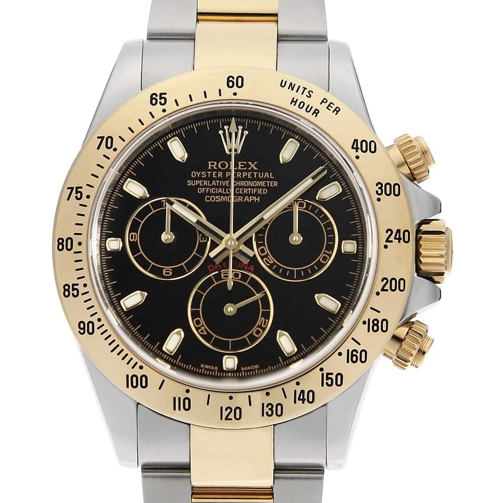 ROLEX COSMOGRAPH DAYTONA BLACK WRIST WATCH: ROLEX Cosmograph Daytona black Wrist Watch Brand: ROLEX Type: Wrist watch Material: Band Material Stainless Steel/Yellow Gold, Case Material Stainless Steel/Yellow Gold Color: Black Size: Case:W40