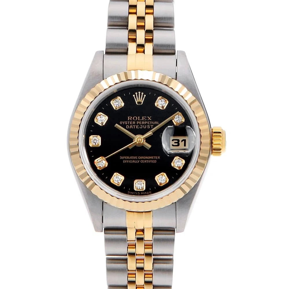 ROLEX DATEJUST DIAMOND BLACK WRIST WATCH: ROLEX Datejust Diamond black Wrist Watch Brand: ROLEX Type: Wrist watch Material: Band Material Stainless Steel/Yellow Gold, Case Material Stainless Steel Color: Black Size: Case:W26mm Circumferen