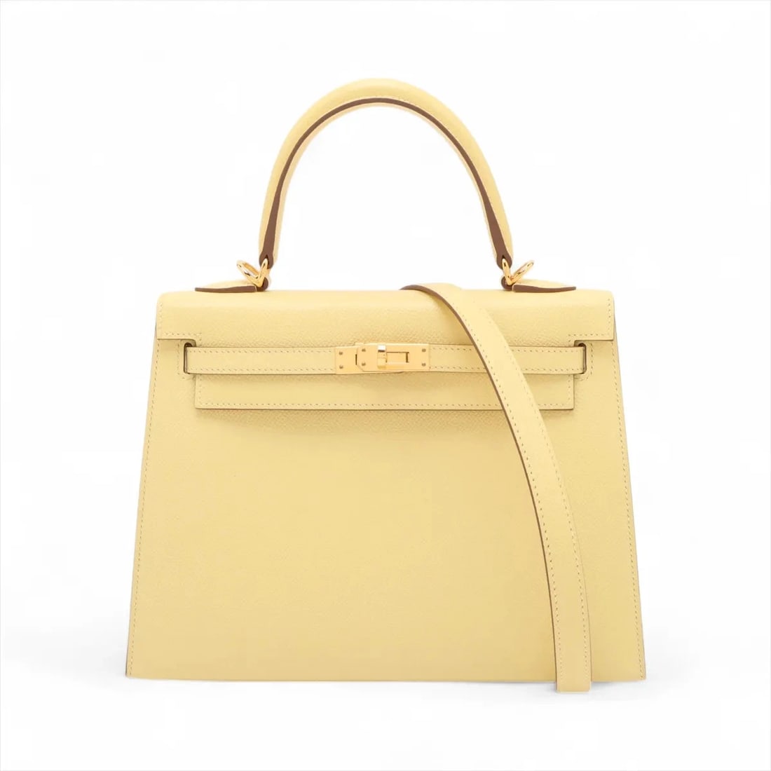 Hermes KELLY 25 SERIE VEAU EPSOM JAUNE POUSSIN GOLD: Hermes Kelly 25 Serie Veau Epsom Jaune Poussin Gold Brand: Hermes Type: Hand bag Material: Veau Epsom Color: Jaune Poussin Size: Height:7.1inch Length:9.8inch Depth:3.7inch Handle height:3.3inch S