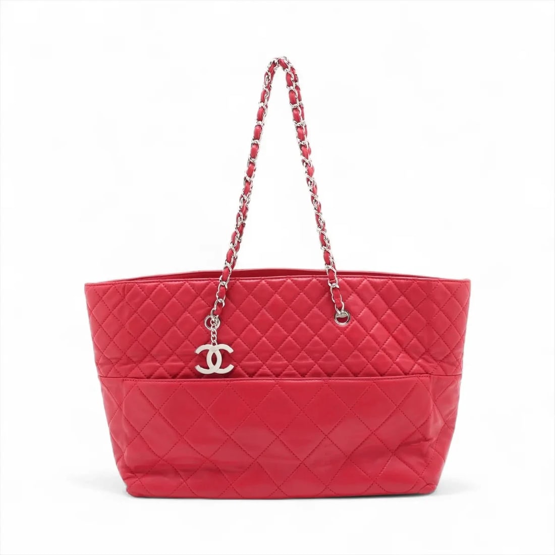 CHANEL MATELASSE LAMBSKIN CHAIN TOTE BAG: Chanel Matelasse Lambskin Chain Tote Bag Brand: Chanel Type: Tote bag Material: Lambskin Color: Red Size: Height:10.6inch Length:15.4inch Depth:5.1inch Shoulder height:10.8inch Accessories: None