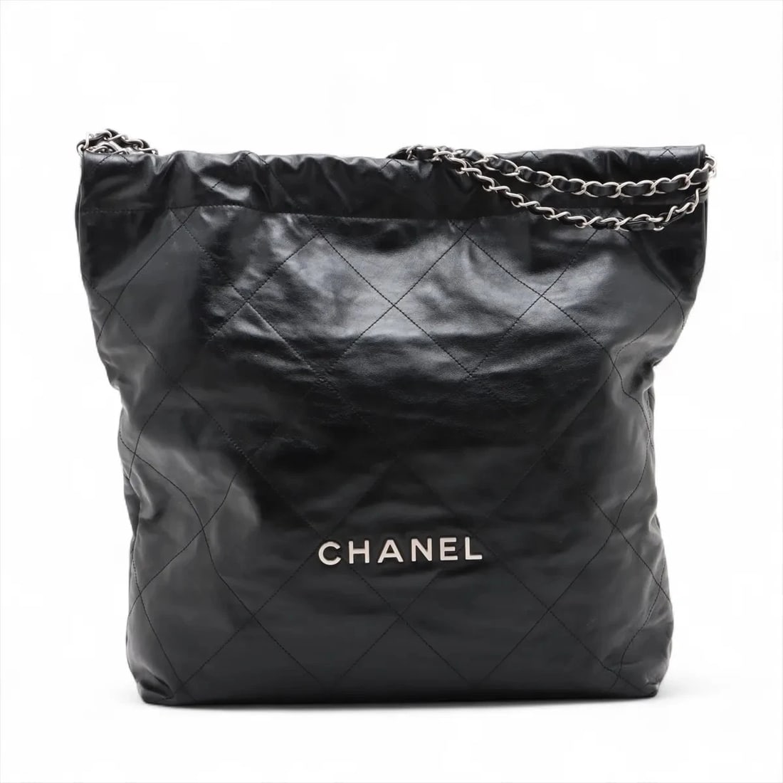 CHANEL 22 SHINY CALFSKIN CHAIN SHOULDER BAG: Chanel 22 shiny calfskin Chain Shoulder Bag Brand: Chanel Type: Shoulder bag Material: shiny calfskin Color: Black Size: Height:15.0inch Length:14.2inch Depth:3.7inch Shoulder height:9.1inch 