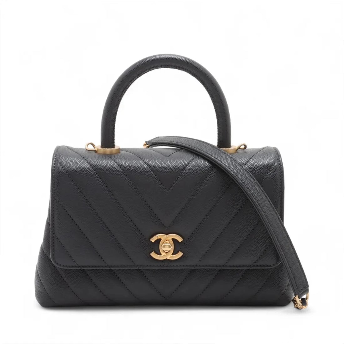 CHANEL COCO HANDLE SKIN 2 WAY HANDBAG: Chanel Coco handle Skin 2 Way Handbag Brand: Chanel Type: Hand bag Material: Caviar Skin Color: Black Size: Height:5.5inch Length:8.9inch Depth:3.5inch Handle height:2.8inch Shoulder height:17.9in