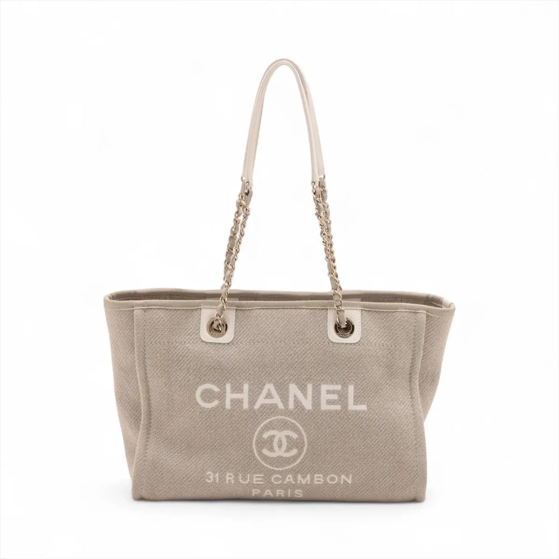 CHANEL DEAUVILLE MM CANVAS X LEATHER CHAIN TOTE BAG: Chanel Deauville MM canvas x leather Chain Tote Bag Brand: Chanel Type: Tote bag Material: canvas Color: Beige Size: Height:10.2inch Length:13.4inch Depth:6.1inch Handle height:10.6inch Accessori