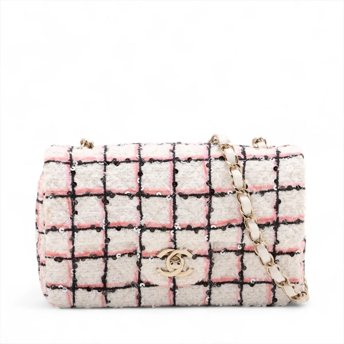 CHANEL MINI MATELASSE 20 TWEED SINGLE FLAP SINGLE CHAIN BAG: Chanel Mini Matelasse 20 Tweed Single Flap Single Chain Bag Brand: Chanel Type: Shoulder bag Material: Tweed Color: White Size: Height:4.9inch Length:7.7inch Depth:2.6inch Shoulder height:22.2inch