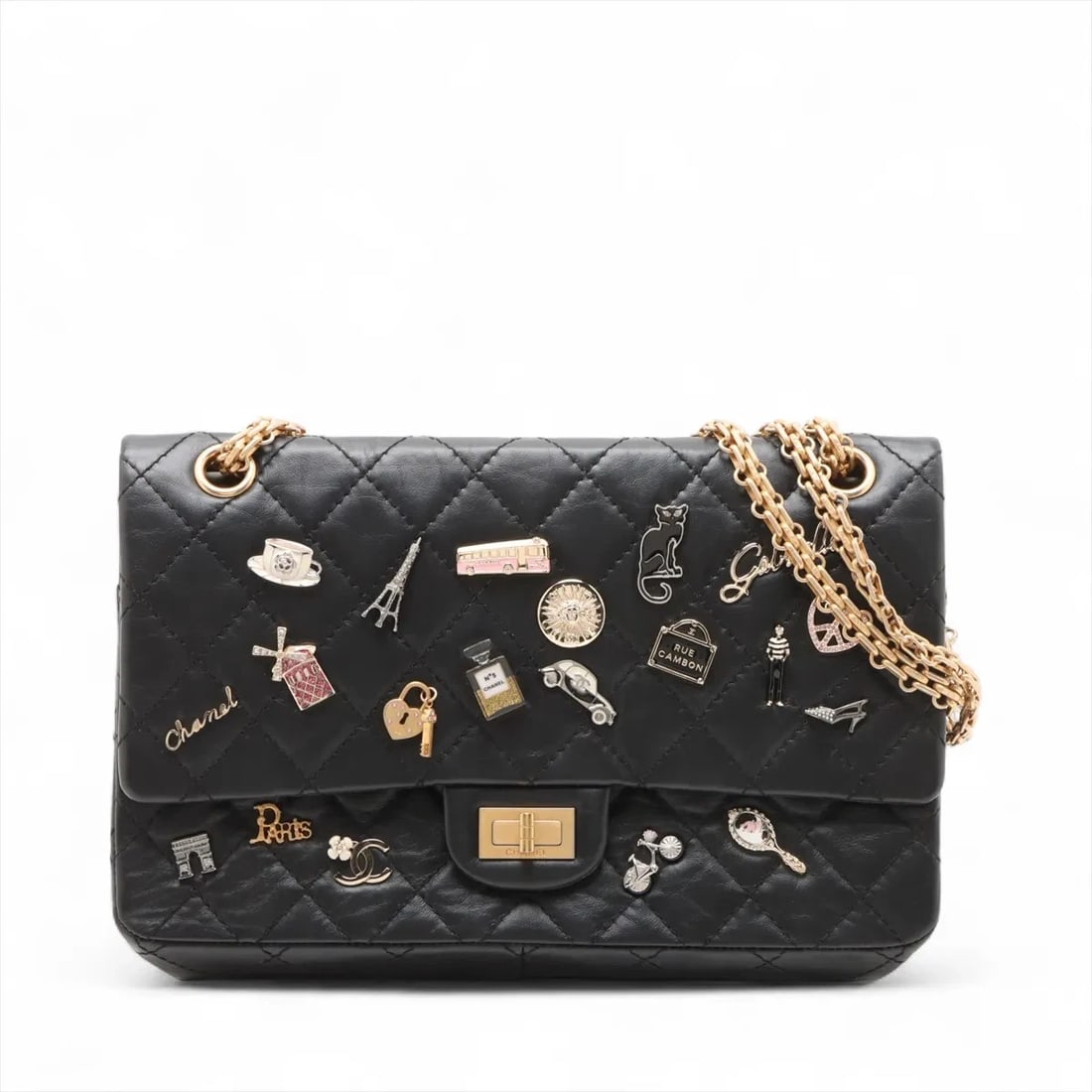 CHANEL MATELASSE LARGE VINTAGE CALF DOUBLE FLAP DOUBLE CHAIN BAG: Chanel Matelasse Large Vintage calf Double Flap Double Chain Bag Brand: Chanel Type: Shoulder bag Material: Vintage calf Color: Black Size: Height:6.7inch Length:10.8inch Depth:3.1inch Shoulder he