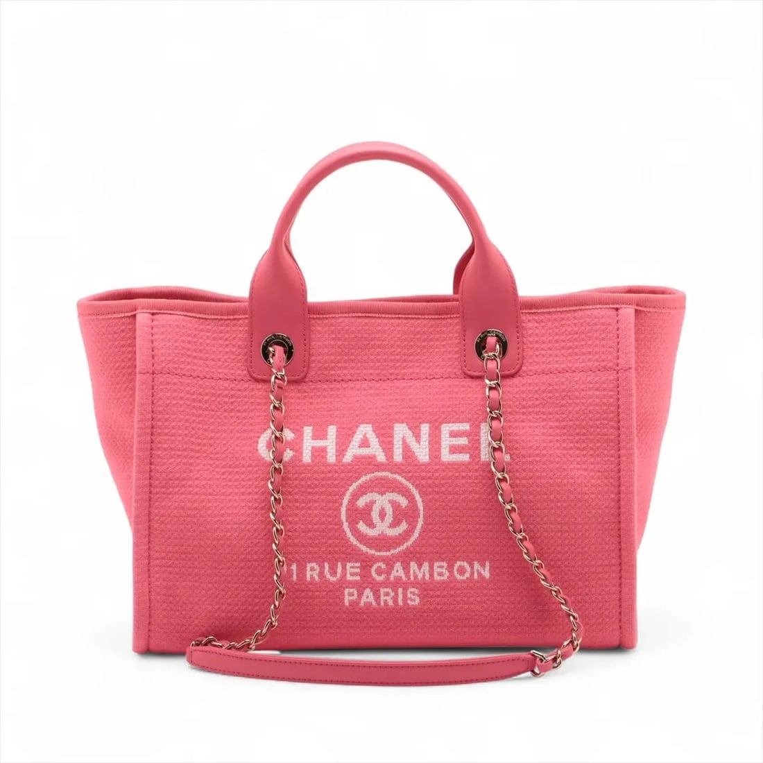 CHANEL DEAUVILLE MM CANVAS X LEATHER 2 WAY TOTE BAG: Chanel Deauville MM canvas x leather 2 Way Tote Bag Brand: Chanel Type: Tote bag Material: canvas Color: Pink Size: Height:9.1inch Length:12.8inch Depth:7.1inch Handle height:3.9inch Shoulder heig