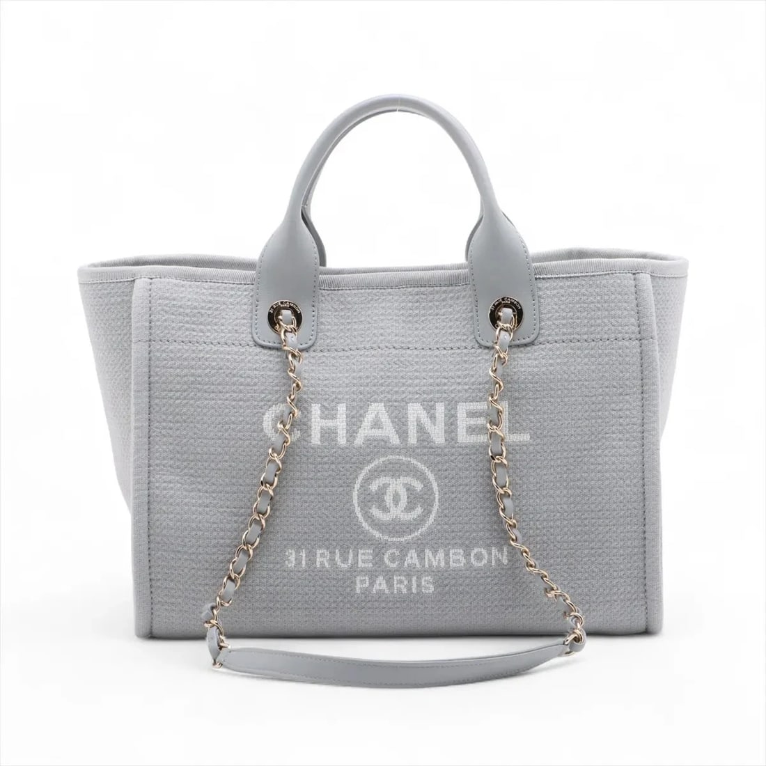 CHANEL DEAUVILLE MM CANVAS X LEATHER 2 WAY HANDBAG: Chanel Deauville MM canvas x leather 2 Way Handbag Brand: Chanel Type: Tote bag Material: canvas Color: Gray Size: Height:9.6inch Length:13.0inch Depth:6.5inch Handle height:3.9inch Shoulder heigh