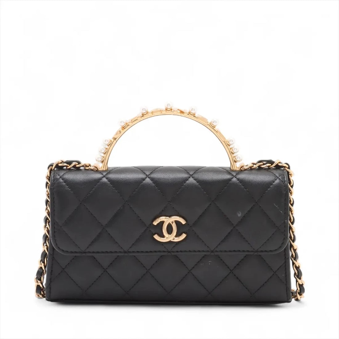 CHANEL MATELASSE LAMBSKIN 2 WAY SHOULDER BAG: Chanel Matelasse Lambskin 2 Way Shoulder Bag Brand: Chanel Type: Hand bag Material: Lambskin Color: Black Size: Height:4.1inch Length:7.5inch Depth:1.6inch Handle height:1.4inch Shoulder