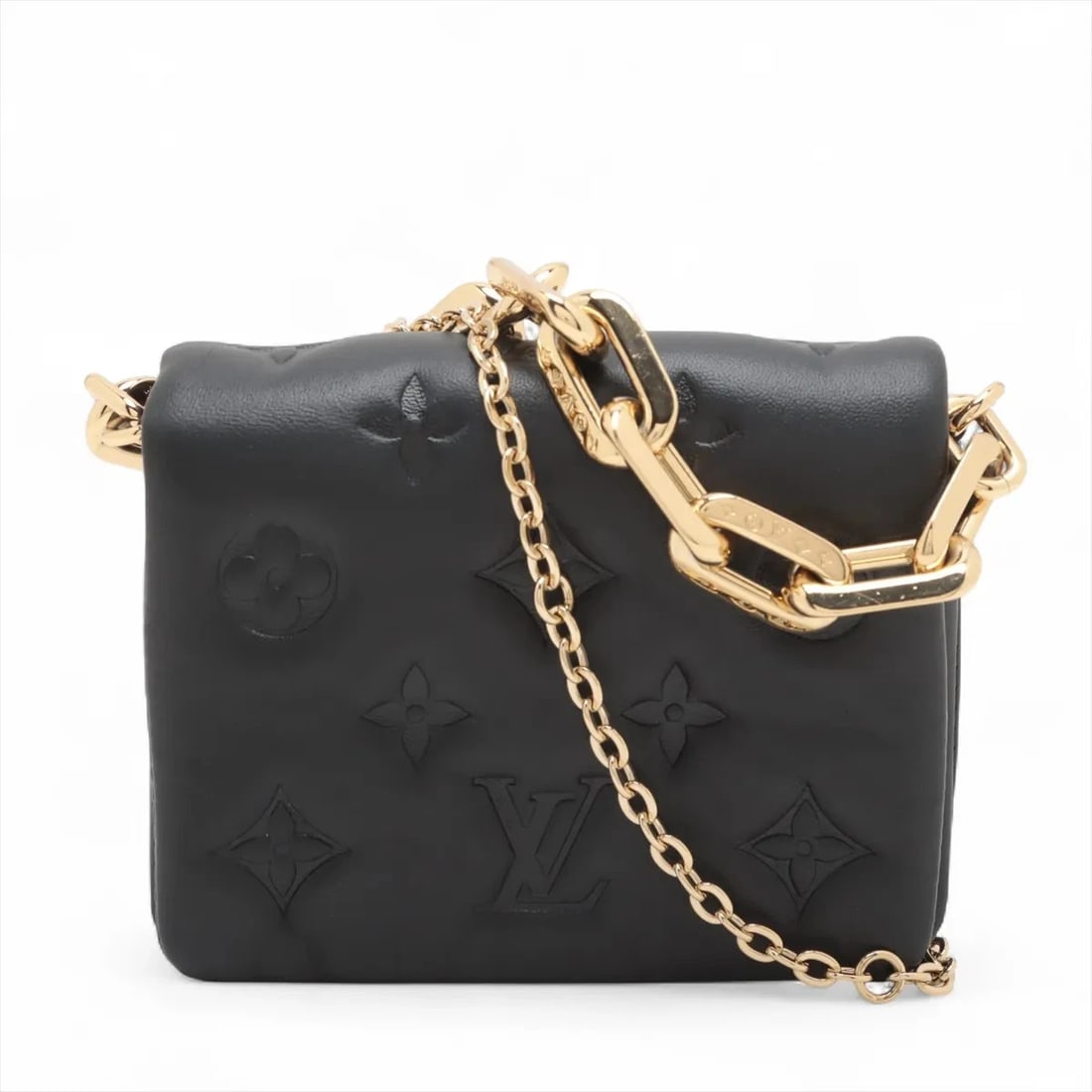 LOUIS VUITTON MONOGRAM EMBOSS COUSSIN BELT BAG: Louis Vuitton Monogram Emboss Coussin Belt Bag Brand: Louis Vuitton Type: Shoulder bag Material: Black Color: Black Size: Height:3.9inch Length:5.3inch Depth:2.2inch Handle height:3.3inch