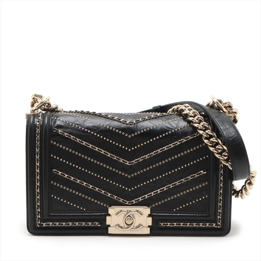 CHANEL BOY 25 VINTAGE CALF CHAIN SHOULDER BAG: Chanel BOY 25 Vintage calf Chain Shoulder Bag Brand: Chanel Type: Shoulder bag Material: Vintage calf Color: Black Size: Height:5.7inch Length:9.8inch Depth:3.0inch Shoulder height:20.5inch Acces