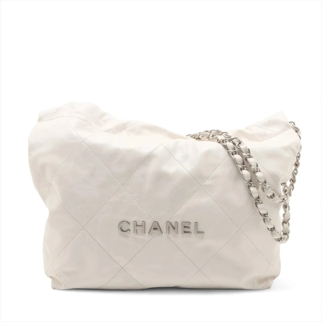 CHANEL 22 SMALL LEATHER CHAIN SHOULDER BAG: Chanel 22 Small Leather Chain Shoulder Bag Brand: Chanel Type: Shoulder bag Material: Leather Color: White Size: Height:11.6inch Length:11.6inch Depth:3.0inch Shoulder height:10.0inch Accessories