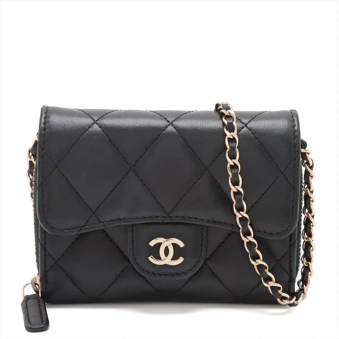 CHANEL MATELASSE LAMBSKIN CHAIN WALLET BLACK GOLD: Chanel Matelasse Lambskin Chain Wallet Black Gold Brand: Chanel Type: Shoulder bag Material: Lambskin Color: Black Size: Height:3.3inch Length:4.5inch Depth:0.8inch Shoulder height:20.9inch Acces
