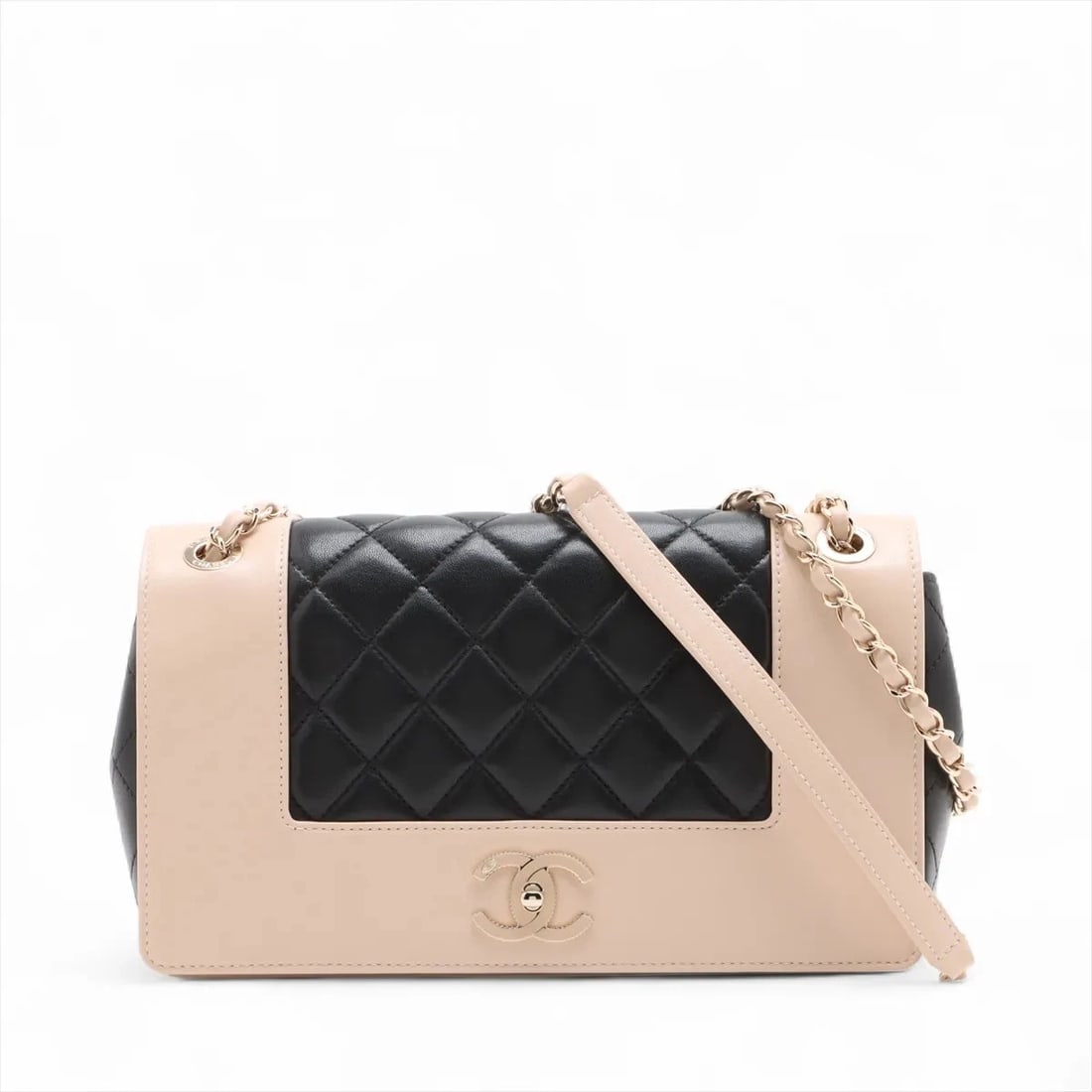 CHANEL MATELASSE LAMBSKIN DOUBLE FLAP DOUBLE CHAIN BAG: Chanel Matelasse Lambskin Double Flap Double Chain Bag Brand: Chanel Type: Shoulder bag Material: Lambskin Color: Beige Size: Height:6.7inch Length:11.4inch Depth:2.8inch Shoulder height:12.8inch