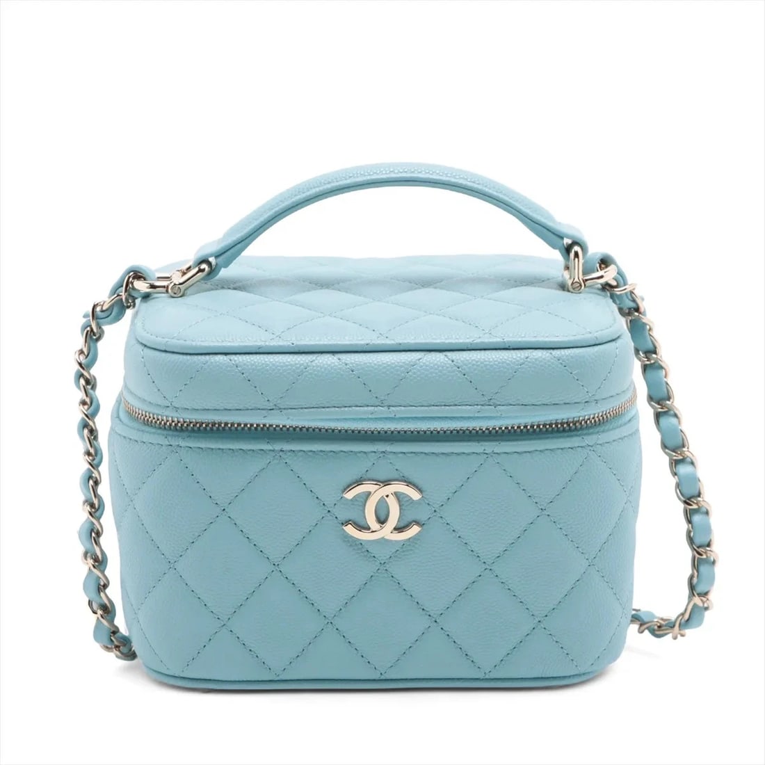 CHANEL MATELASSE CAVIAR SKIN 2 WAY HANDBAG: Chanel Matelasse Caviar Skin 2 Way Handbag Brand: Chanel Type: Hand bag Material: Caviar Skin Color: Blue Size: Height:4.3inch Length:5.7inch Depth:4.5inch Handle height:1.6inch Shoulder height:21